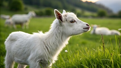 Obraz premium A young white goat kid stands alert in a vibrant green pasture, with other goats grazing in the soft-focus background under a bright sky.