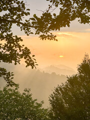 sunset landscape, a peaceful scene the sun sets, casting a golden glow on the sky branches and misty hills create a serene atmosphere