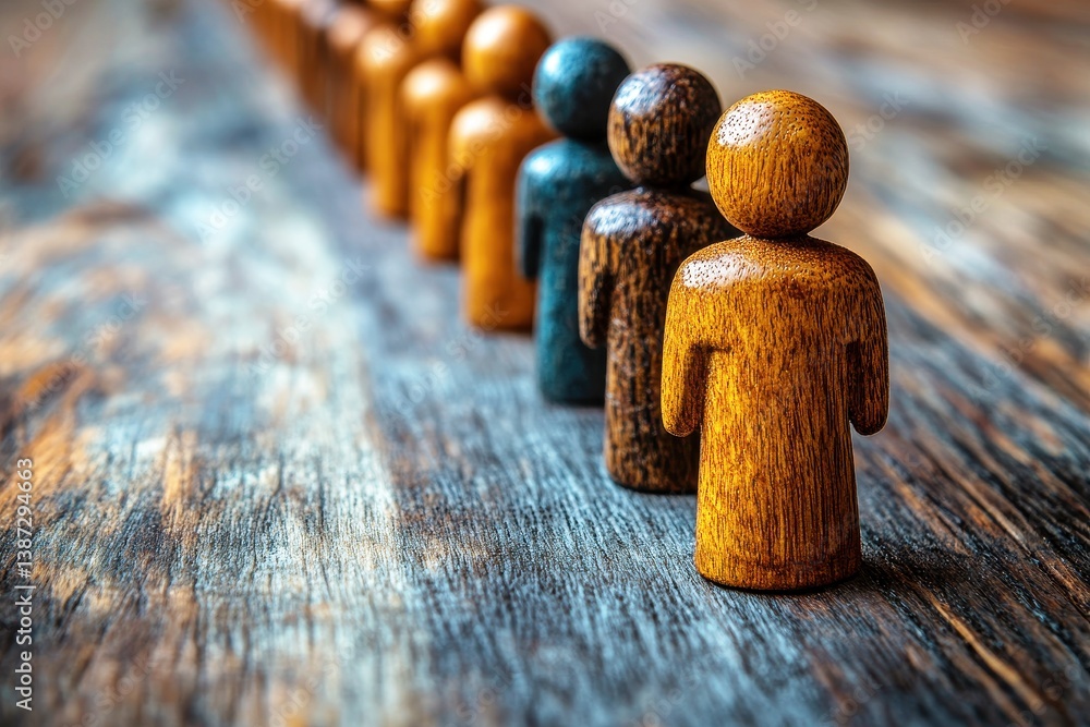 Poster collection of wooden figurines in a line forming a perspective view on a rustic wooden table surface