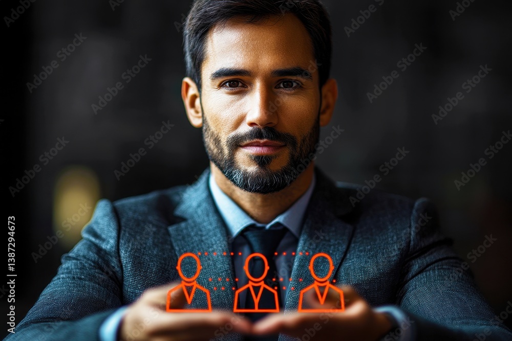 Poster professional man demonstrating teamwork concept with digital icons representing collaboration and co
