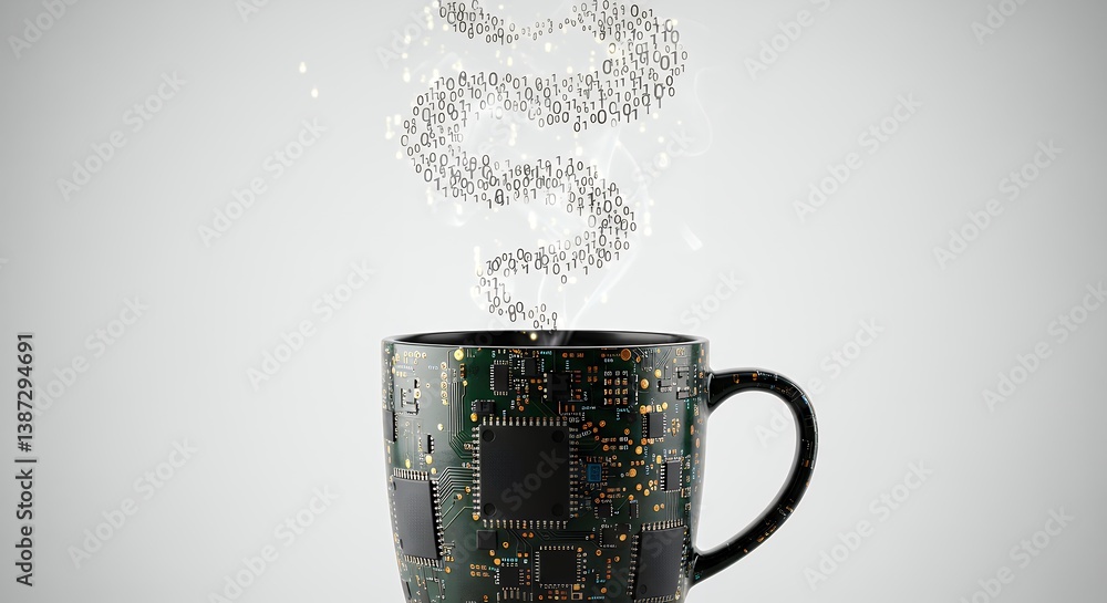Poster steaming digital coffee mug concept with circuit board design and binary code aroma, illustrating te