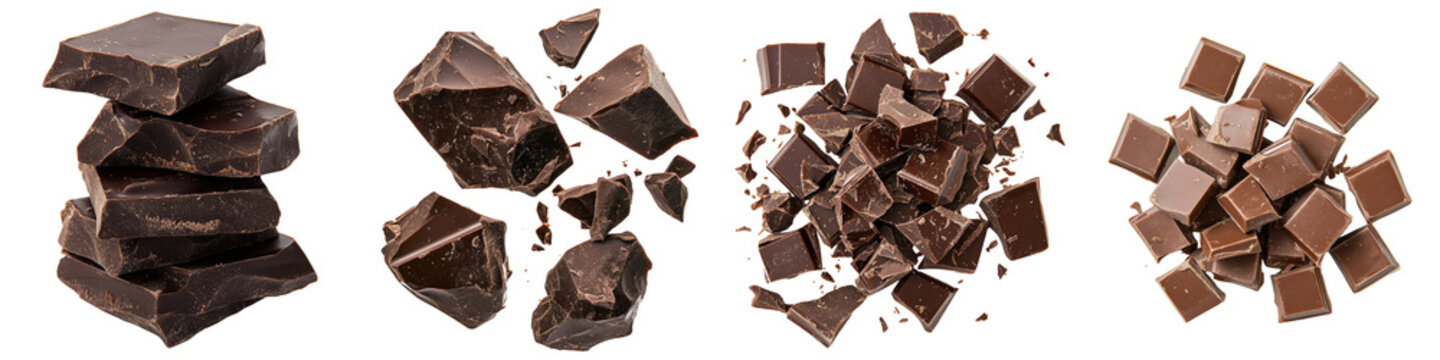 Four arrangements of broken dark chocolate chunks.