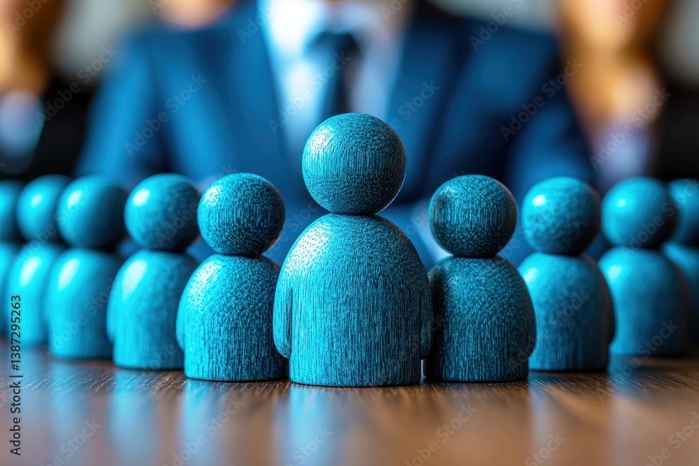 Poster blue wooden figurines representing teamwork and collaboration in business setting with blurred figur