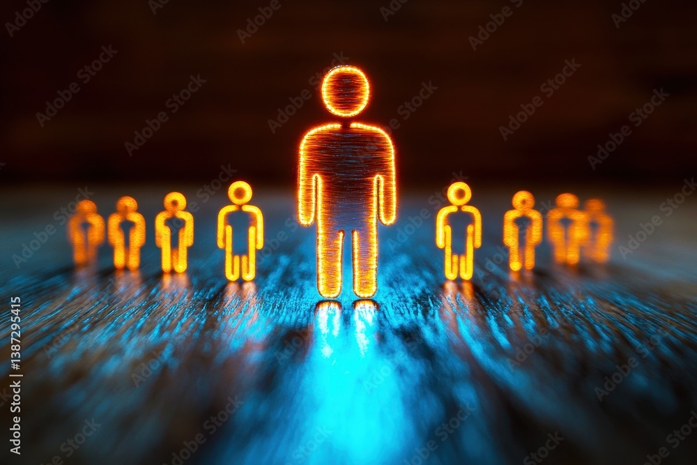 Poster glowing figures on wooden surface in dim light representing community and connection in digital art 