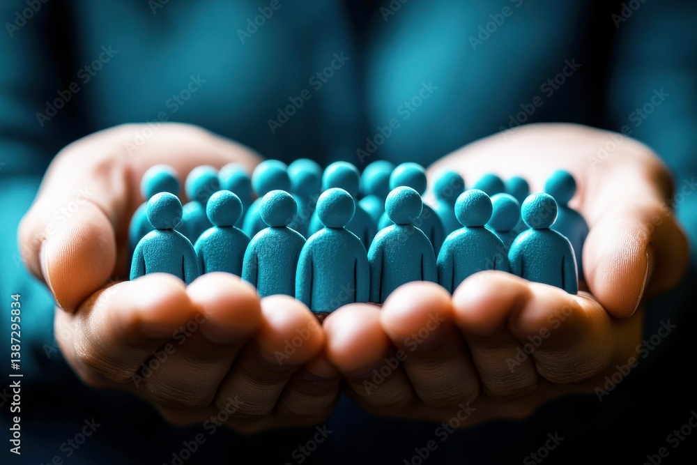 Poster hands holding small figures representing community and togetherness in a focused concept of unity an