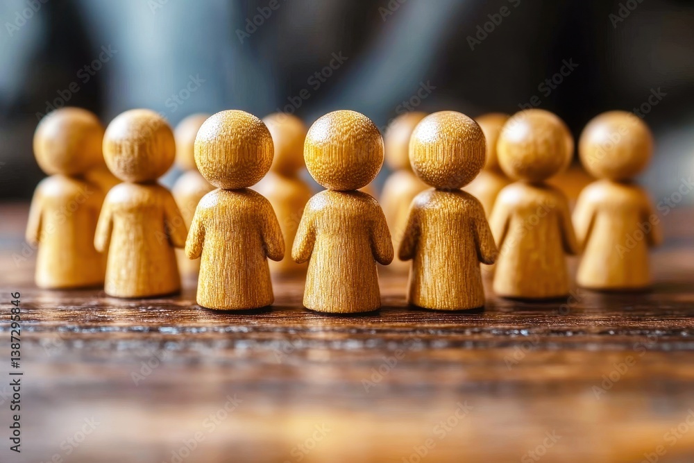 Poster group of wooden figurines arranged in a circle on a rustic wooden surface for conceptual representat