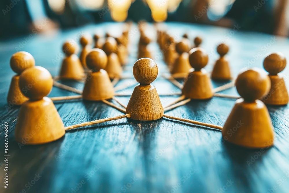 Poster wooden figurines connected by strings symbolizing networking, collaboration, and teamwork in a profe