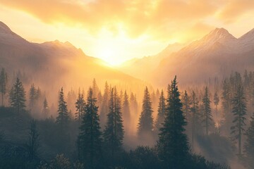 Obraz premium Serene mountain views at sunrise, misty forests bathed in golden sunlight filtering through towering trees, and pristine wilderness scenes filled with vibrant colors and ethereal mist.