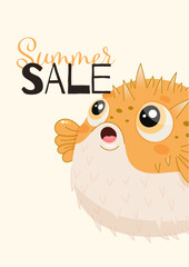 summer sale fish discount cartoon cute illustration promo ocean pufferfish banner
