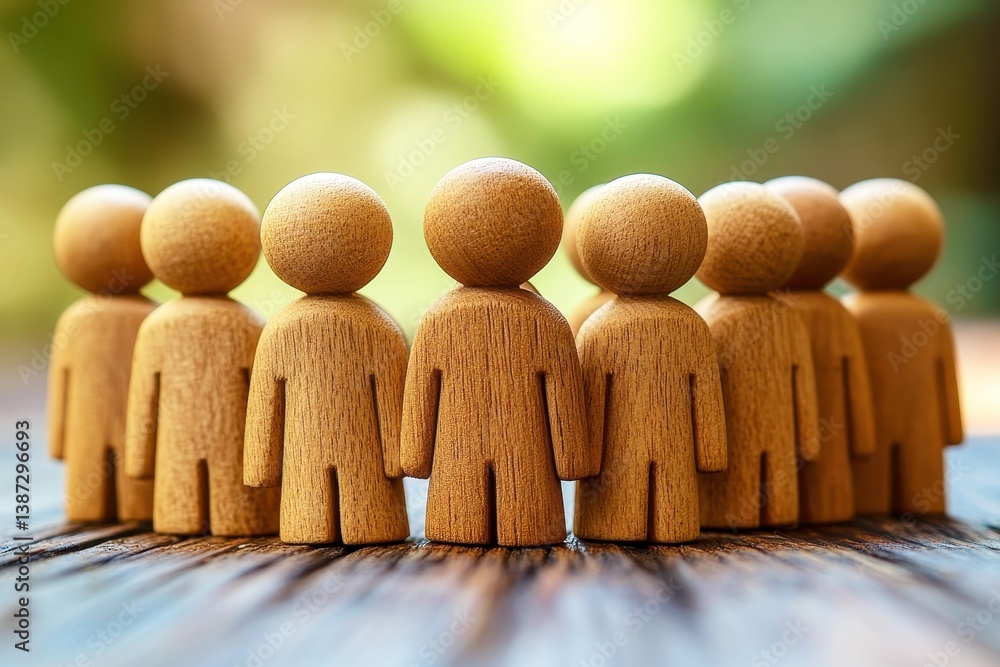 Poster group of wooden figurines symbolizing teamwork and collaboration in business environment, showing un