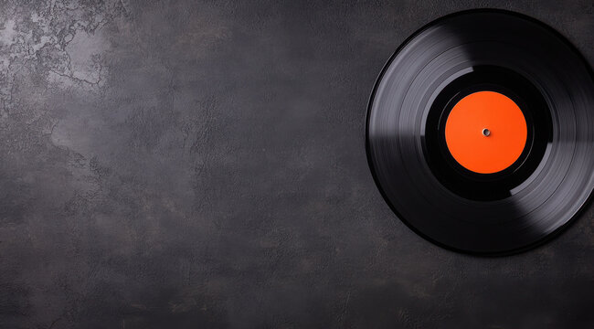 Vinyl Record with Orange Label on Dark Background Copy Space