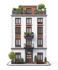 Fototapeta premium Elegant condominium with lush greenery on white background