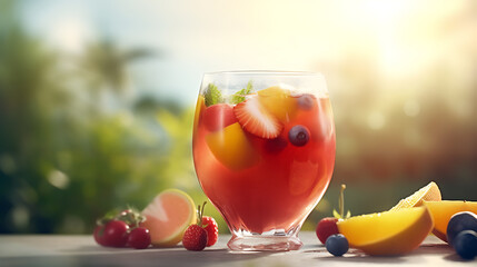 Fruit punch drink with light green garden and sunlight background