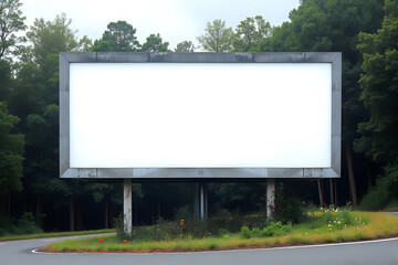 Obraz premium Empty white horizontal billboard on the roadside. A curved road between the forest.