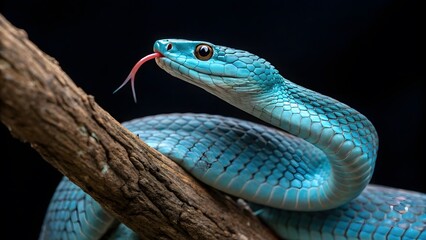 Obraz premium A vibrant blue Pit Viper snake with striking scales and a flicking red tongue, coiled gracefully on a textured brown tree branch against a dark, minimalist background.