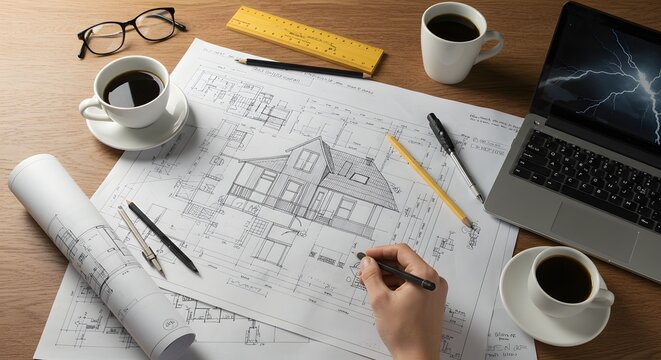 Architectural drawing with coffee cups laptop glasses and ruler on a wooden desk surface top view