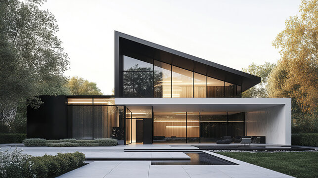 contemporary black and white detached home with sharp angles and large windows