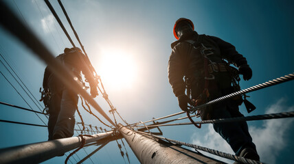 Low angle view of technicians atop a utility pole, working on power lines against a bright sky. Safety gear worn by workers.