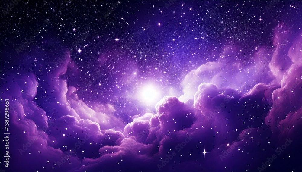 Wall mural purple abstract cloudy space with bright stardust and nebulae. cosmic background