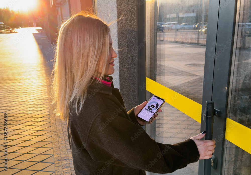 Poster young stylish woman getting access to the building by attaching smartphone to intercom. concept of m
