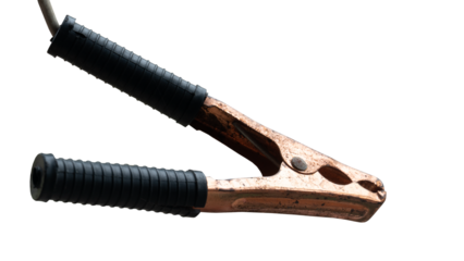 Car battery terminal clamp with black plastic handle. With cable light. Isolated white background with clipping path.