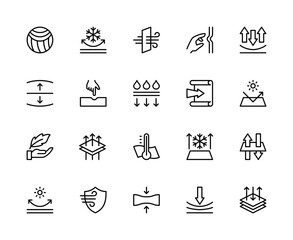 Fabric properties related vector linear icons set. Contains such icons as threads, density, softness, elasticity and more.