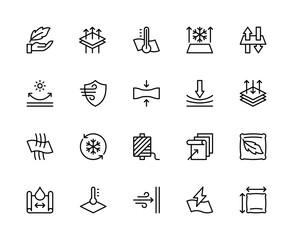 Fabric properties related vector linear icons set. Contains such icons as lightweight, breathable, durable, breathability and more.