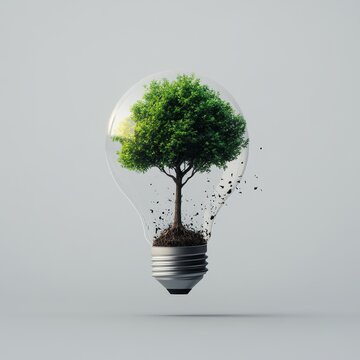 tree growing out of broken lightbuld. Roots coming out bottom.