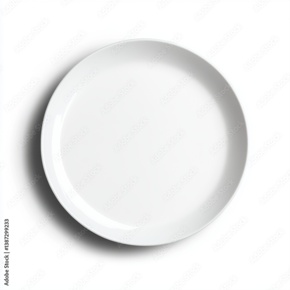 Poster empty round white plate isolated on soft white background with subtle shadow for clean and minimalis