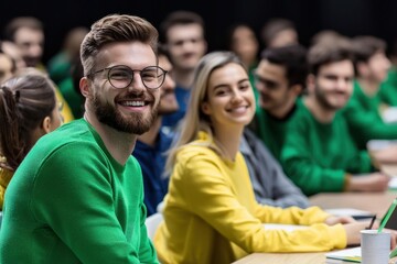 Smiling adults enjoying urban night classes on lifelong learning.