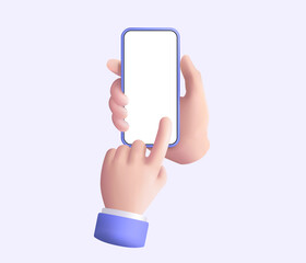 3D Vector illustration of Hand holding mobile phone and hand touching blank screen on purple background. Communication, Social media. Online technology, Internet. Hand using mobile phone mockup