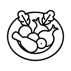 Delicious food plate vector illustration with chicken vegetables and salad line art drawing design