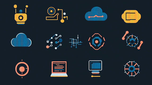 Collection of technology and data related icons on dark background.