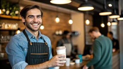Customer loyalty concept. A smiling barista holds out a coffee cup, showcasing the drink in a cozy café setting with warm lighting.