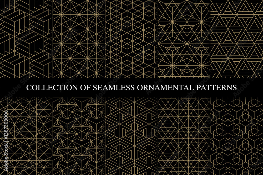 Poster collection of golden seamless ornamental luxury geometric patterns - outline design. repeatable eleg
