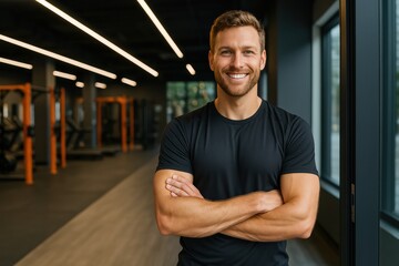 Gym owner standing at the entrance of fitness studio with arms crossed, athletic outfit, confident and energetic vibe