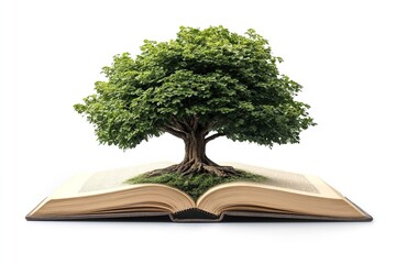 Tree with Wood Texture Trunk and Visible Roots Emerging from Open Book
