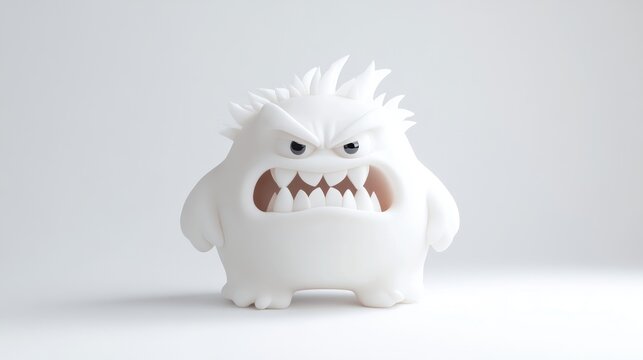 A small, white, 3D-rendered monster with spiky hair and sharp teeth is shown. It stands alone against a plain white background. The image is high quality with even lighting, exhibiting a minimalist