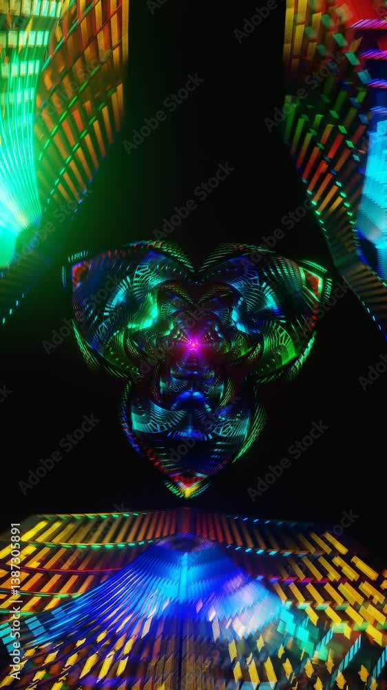 Poster vertical video of infinite neon grid with rotating geometric shapes