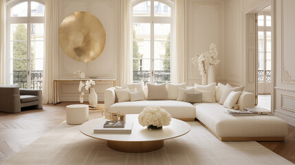 Plan sur un salon moderne, art décoratif. Élégant, luxe. Décorations, lumières douces. Pour conception et création graphique.