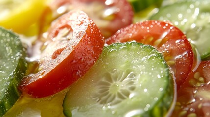 A fresh cucumber and tomato salad with olive oil dressing. Featuring freshness and health