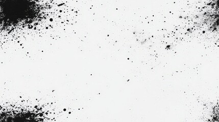 Fototapeta premium Dark ink splatters distribute randomly across a white canvas, forming an abstract visual with contrasting textures and colors, adding depth and interest.