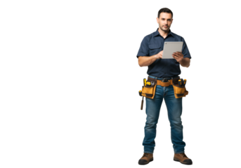 a man holding a tablet(smartphone mockup) in his left like a construction project builder