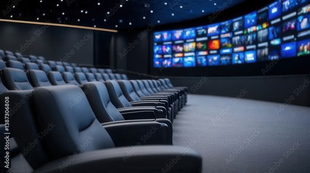 Poster modern cinema hall with empty seats and large screen displaying multiple movie scenes in a dark audi