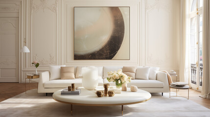 Plan sur un salon moderne, art décoratif. Élégant, luxe. Décorations, lumières douces. Pour conception et création graphique.