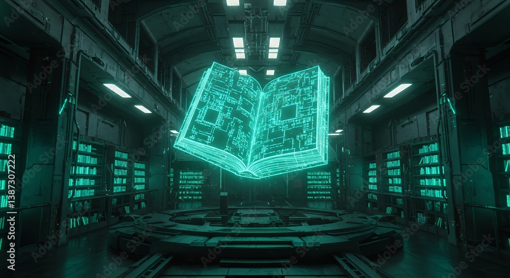 Poster futuristic library with holographic book displaying circuit board design, showcasing advanced techno