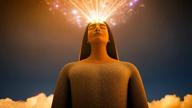 A serene figure stands with eyes closed as golden light beams radiate from their forehead into the sky

