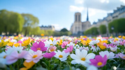 Colorful flowers in full bloom in a vibrant garden with a historic cathedral in the background, sunny day with clear blue sky, and scenic urban landscape.