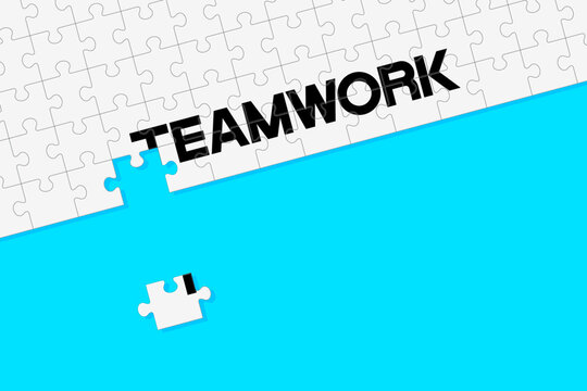 Business concept. Jigsaw puzzle of word teamwork. It reflects having the right elements in a work, like the pieces of a puzzle needing to be in the right place to create perfect picture. Illustration.