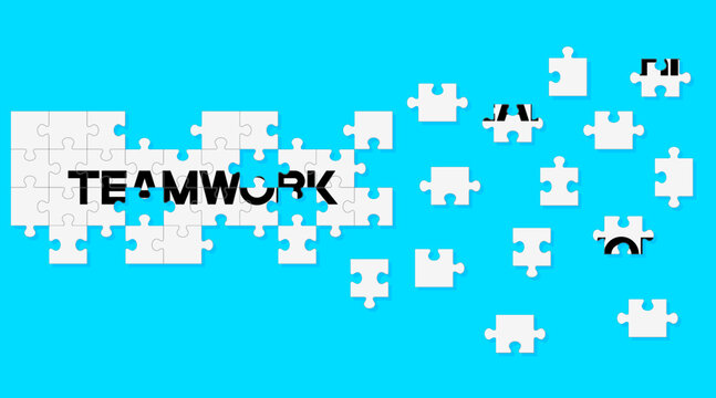 Business concept. Jigsaw puzzle of word teamwork. It reflects having the right elements in a work, like the pieces of a puzzle needing to be in the right place to create perfect picture. Illustration.